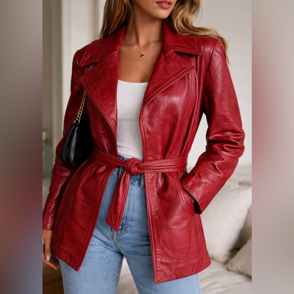 Vintage Burgundy Red Leather Jacket Belted 90s Small